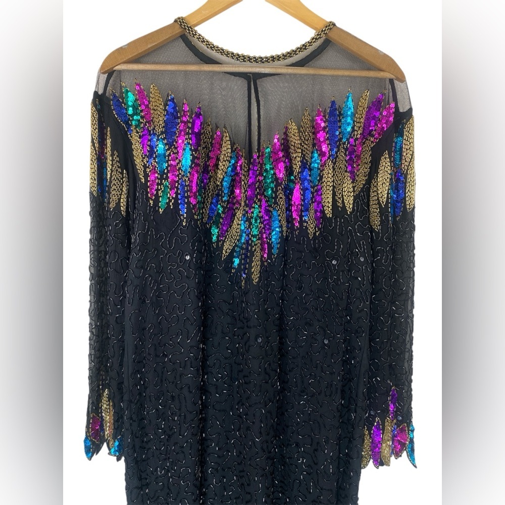 Vintage Erica Louis Beaded Silk Dress – Black Sequin Long Sleeve Elegant Gown - Picture 3 of 13